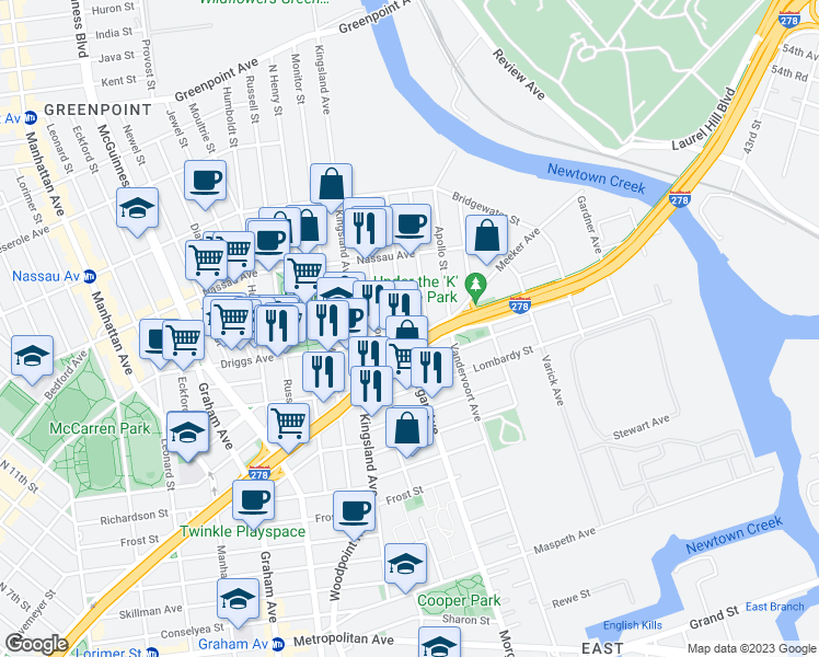 map of restaurants, bars, coffee shops, grocery stores, and more near 23 Driggs Avenue in Brooklyn