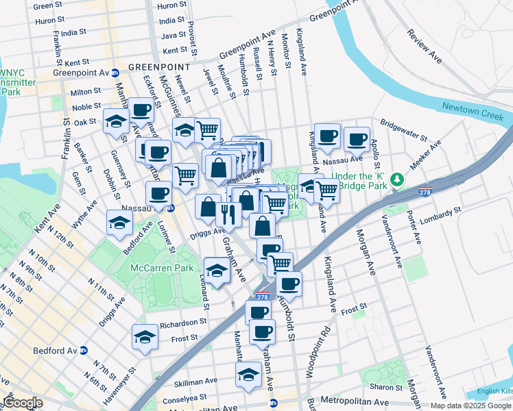 map of restaurants, bars, coffee shops, grocery stores, and more near 160 Driggs Avenue in Brooklyn