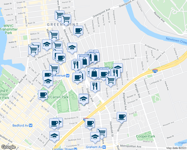 map of restaurants, bars, coffee shops, grocery stores, and more near 160 Driggs Avenue in Brooklyn