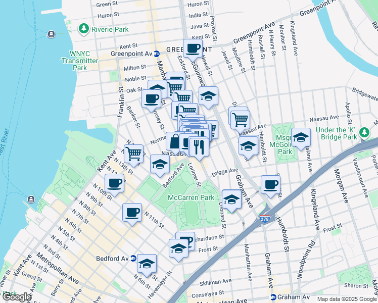map of restaurants, bars, coffee shops, grocery stores, and more near 649 Manhattan Avenue in Brooklyn