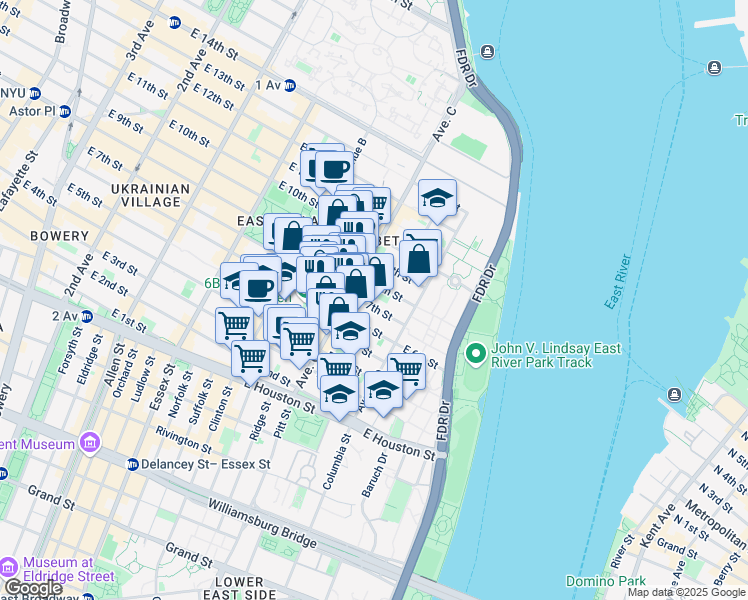 map of restaurants, bars, coffee shops, grocery stores, and more near 19 Loisaida Avenue in New York