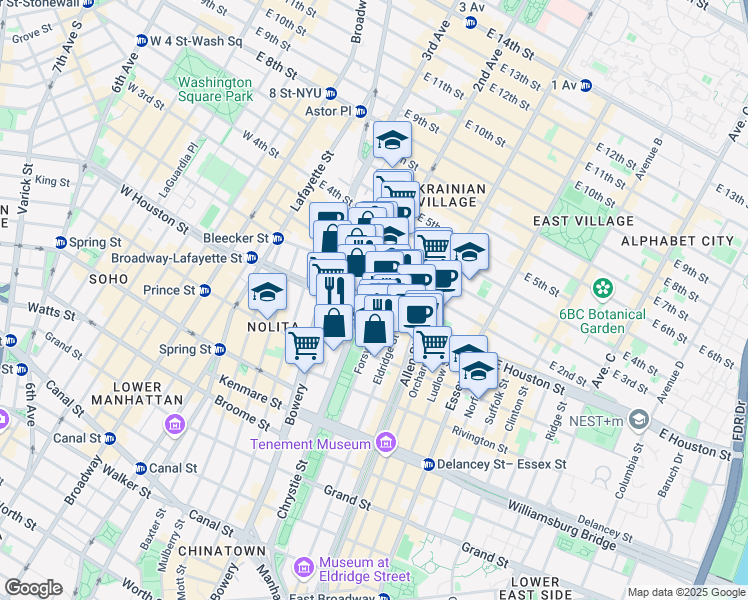 map of restaurants, bars, coffee shops, grocery stores, and more near 145 East Houston Street in New York