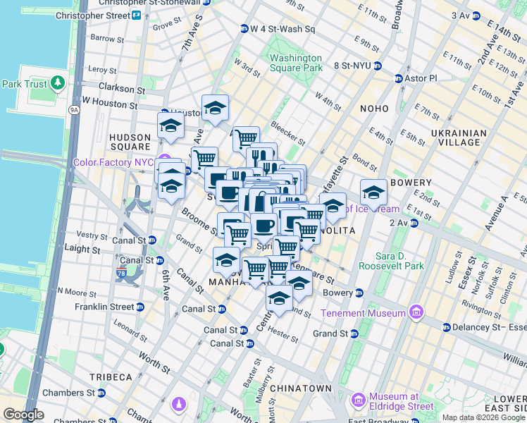 map of restaurants, bars, coffee shops, grocery stores, and more near 525 Broadway in New York