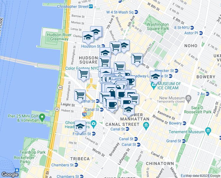 map of restaurants, bars, coffee shops, grocery stores, and more near 140 6th Avenue in New York