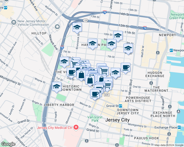 map of restaurants, bars, coffee shops, grocery stores, and more near 49 Coles Street in Jersey City
