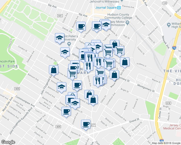 map of restaurants, bars, coffee shops, grocery stores, and more near 29 Orchard Street in Jersey City