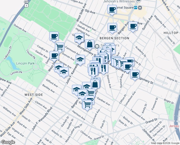 map of restaurants, bars, coffee shops, grocery stores, and more near 74 Fairview Avenue in Jersey City