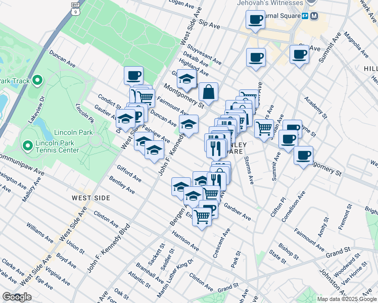 map of restaurants, bars, coffee shops, grocery stores, and more near 103 Fairview Avenue in Jersey City