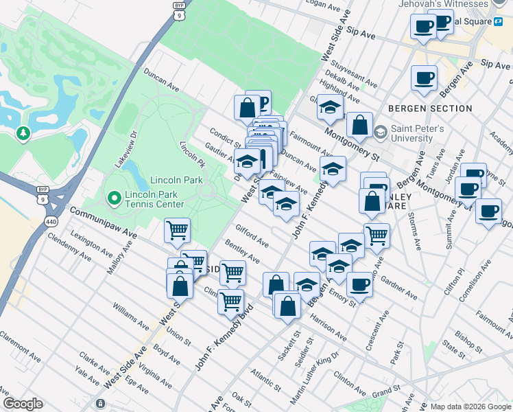 map of restaurants, bars, coffee shops, grocery stores, and more near 117 Kensington Avenue in Jersey City