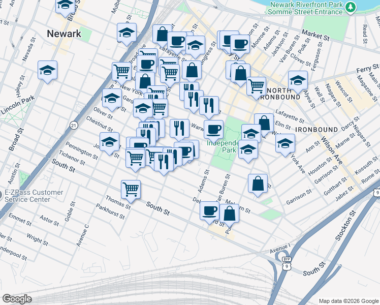 map of restaurants, bars, coffee shops, grocery stores, and more near 266 Chestnut Street in Newark