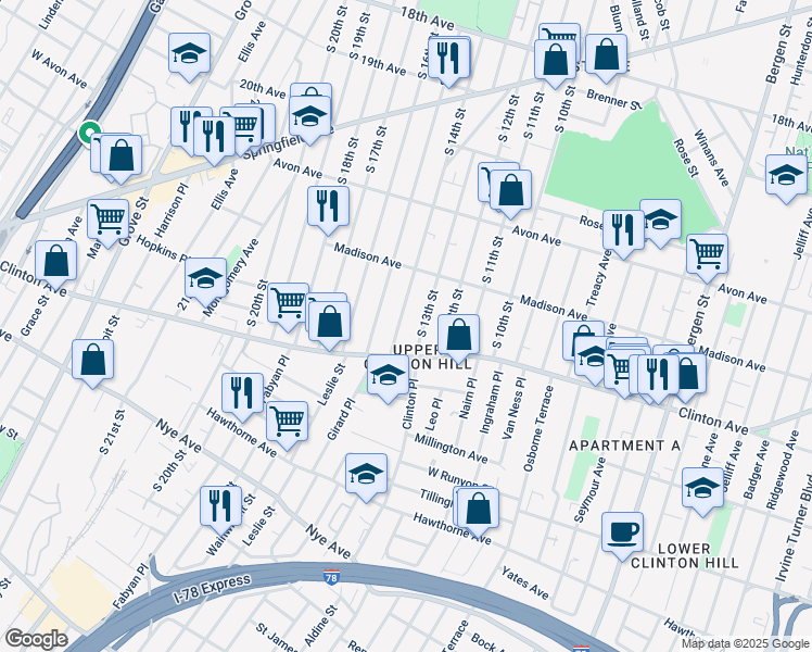 map of restaurants, bars, coffee shops, grocery stores, and more near 892 South 14th Street in Newark