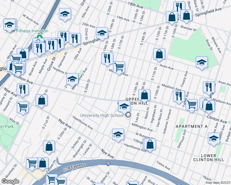 map of restaurants, bars, coffee shops, grocery stores, and more near in Newark