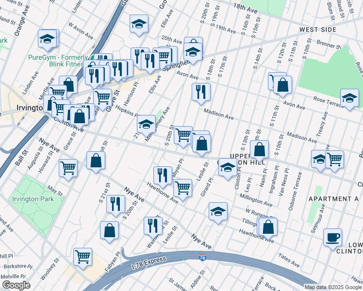 map of restaurants, bars, coffee shops, grocery stores, and more near in Newark