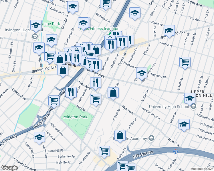 map of restaurants, bars, coffee shops, grocery stores, and more near 35 Coit Street in Irvington