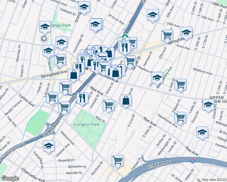 map of restaurants, bars, coffee shops, grocery stores, and more near 136 Maple Avenue in Irvington