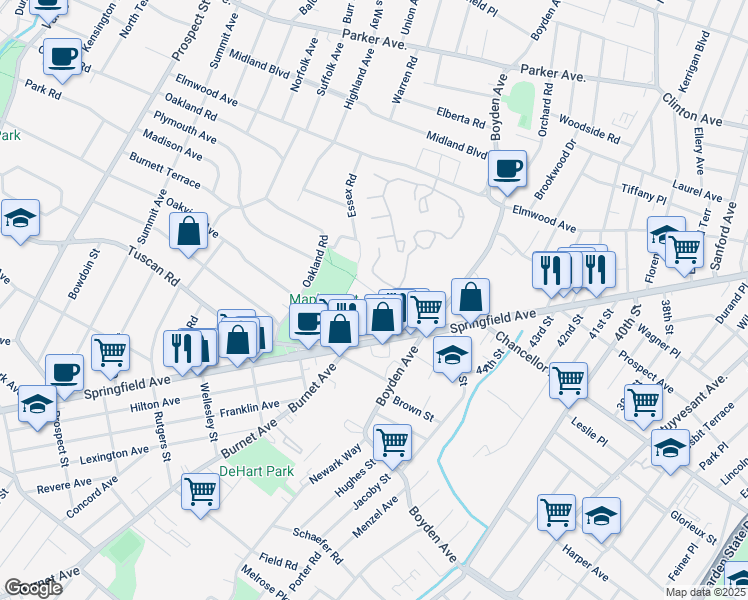map of restaurants, bars, coffee shops, grocery stores, and more near 30 Boyden Parkway in Maplewood