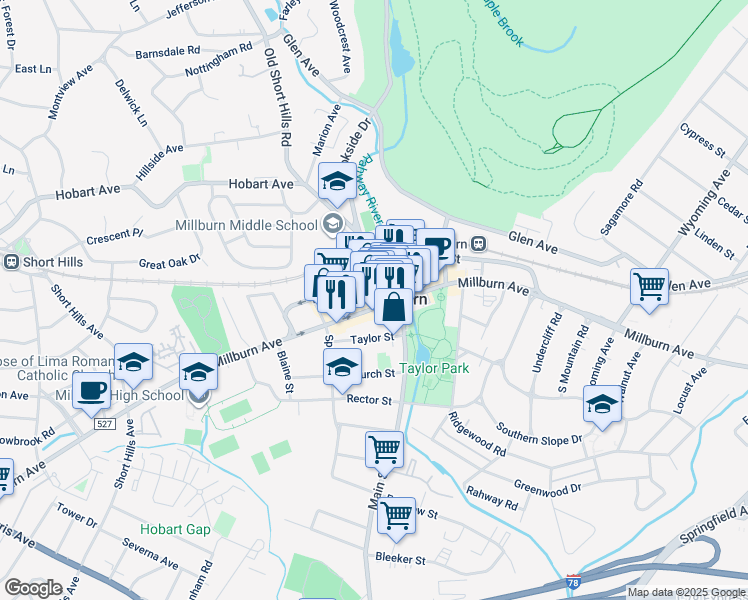 map of restaurants, bars, coffee shops, grocery stores, and more near 358c Millburn Avenue in Essex County