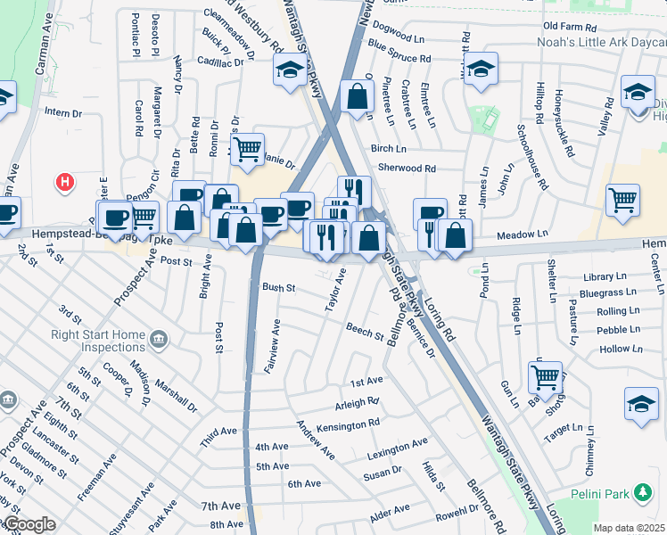 map of restaurants, bars, coffee shops, grocery stores, and more near 29 Taylor Avenue in East Meadow