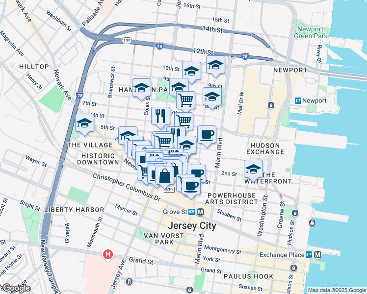 map of restaurants, bars, coffee shops, grocery stores, and more near 234 3rd Street in Jersey City