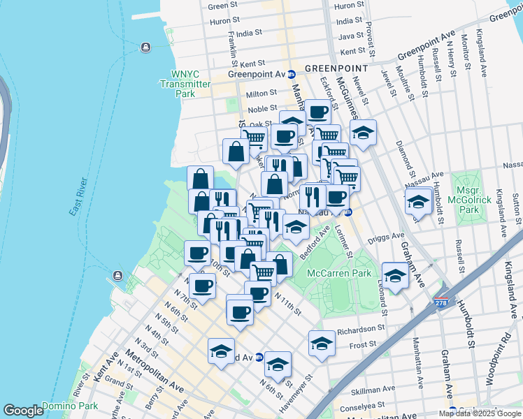 map of restaurants, bars, coffee shops, grocery stores, and more near 21 Wythe Avenue in Brooklyn