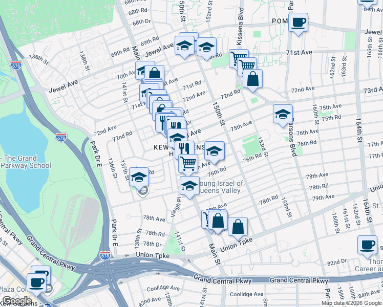 map of restaurants, bars, coffee shops, grocery stores, and more near 144-16 75th Road in Queens