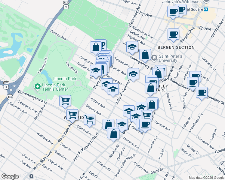 map of restaurants, bars, coffee shops, grocery stores, and more near 94 Kensington Avenue in Jersey City