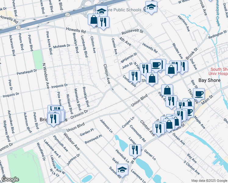 map of restaurants, bars, coffee shops, grocery stores, and more near 92 Clinton Avenue in Bay Shore