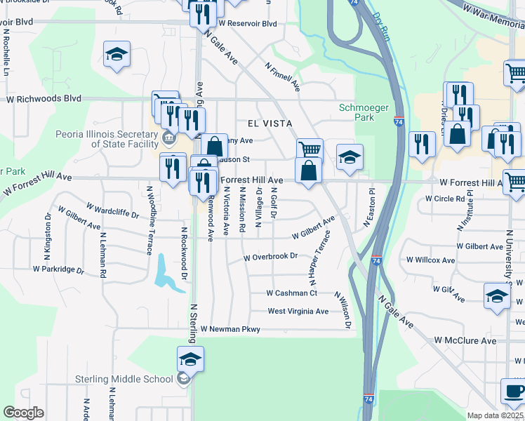 map of restaurants, bars, coffee shops, grocery stores, and more near 2212 Vernon Terrace in Peoria
