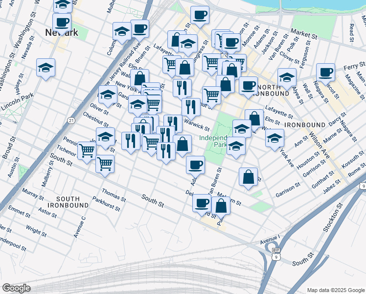 map of restaurants, bars, coffee shops, grocery stores, and more near 266 Chestnut Street in Newark