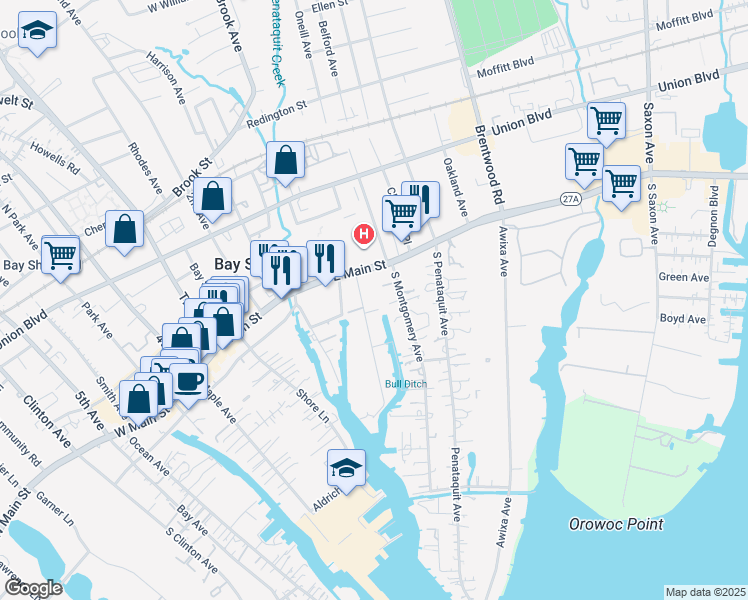 map of restaurants, bars, coffee shops, grocery stores, and more near 22 Mowbray Avenue in Bay Shore