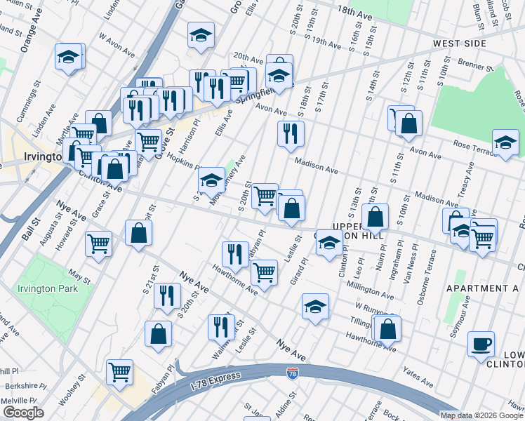 map of restaurants, bars, coffee shops, grocery stores, and more near in Newark