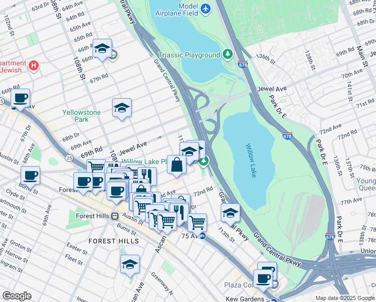 map of restaurants, bars, coffee shops, grocery stores, and more near 72-81 113th Street in Queens