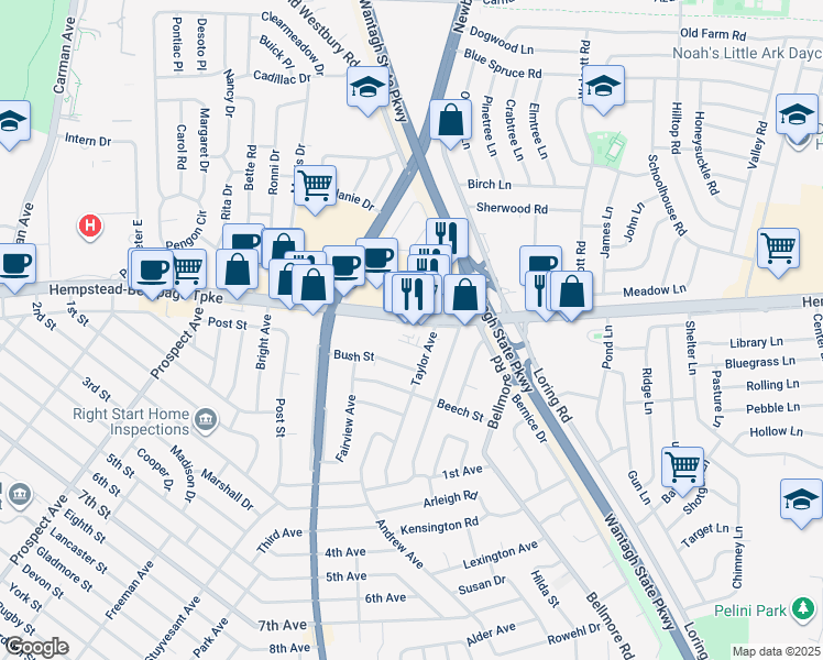map of restaurants, bars, coffee shops, grocery stores, and more near 29 Taylor Avenue in East Meadow