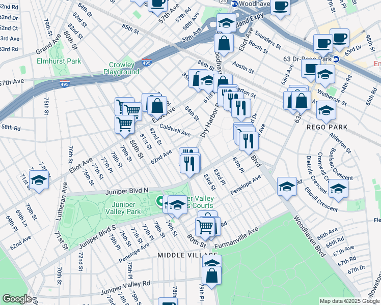 map of restaurants, bars, coffee shops, grocery stores, and more near 62-45 83rd Street in Queens