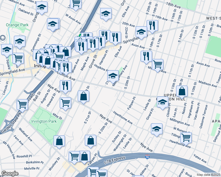 map of restaurants, bars, coffee shops, grocery stores, and more near 900 Clinton Avenue in Irvington