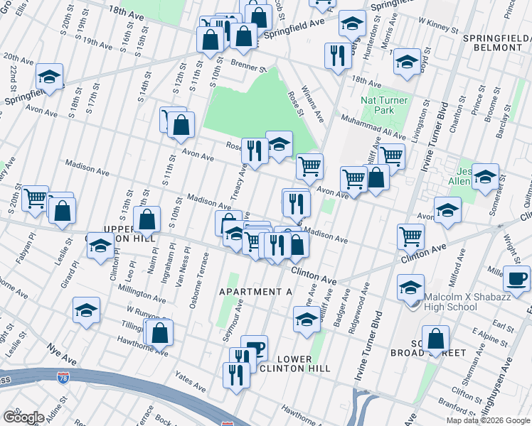 map of restaurants, bars, coffee shops, grocery stores, and more near 59 Seymour Avenue in Newark