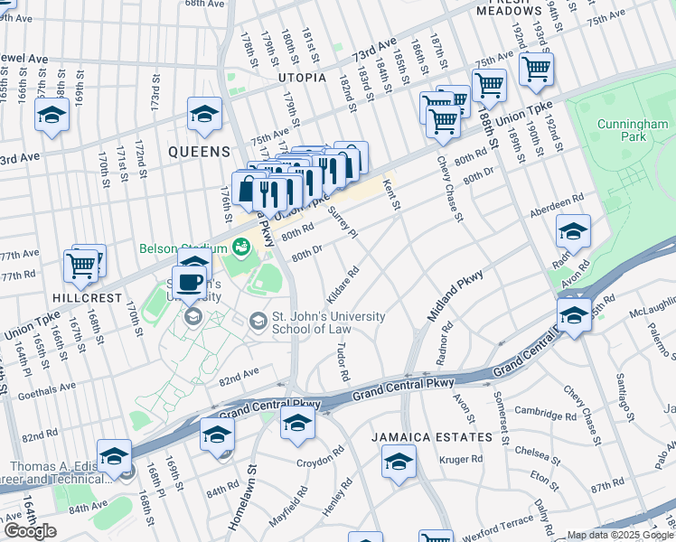 map of restaurants, bars, coffee shops, grocery stores, and more near 80-88 Dumphries Place in Queens