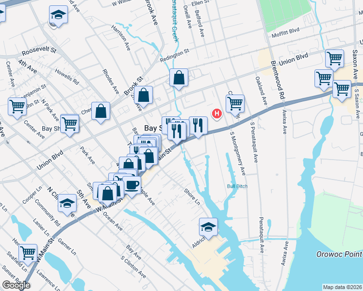 map of restaurants, bars, coffee shops, grocery stores, and more near 164 East Main Street in Bay Shore