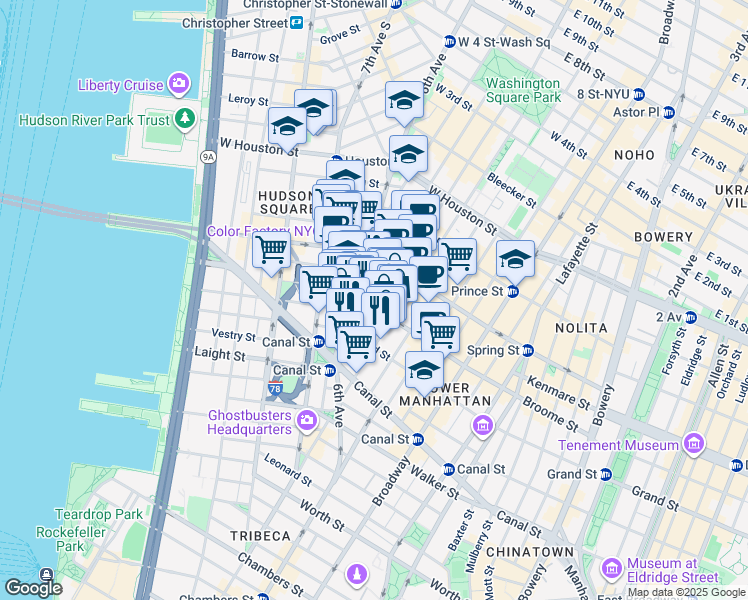 map of restaurants, bars, coffee shops, grocery stores, and more near 55 Thompson Street in New York