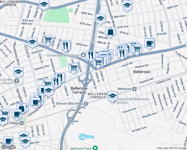map of restaurants, bars, coffee shops, grocery stores, and more near 9231 244th Street in Floral Park