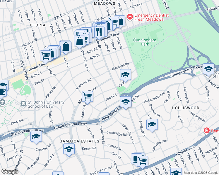 map of restaurants, bars, coffee shops, grocery stores, and more near 186-38 Radnor Road in Queens