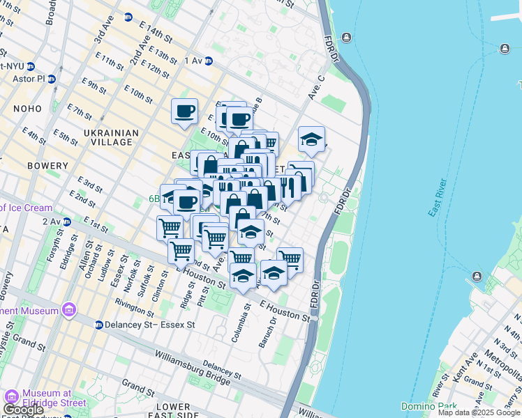 map of restaurants, bars, coffee shops, grocery stores, and more near 19 Loisaida Avenue in New York