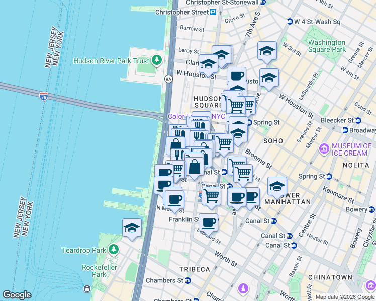 map of restaurants, bars, coffee shops, grocery stores, and more near 480 Canal Street in New York
