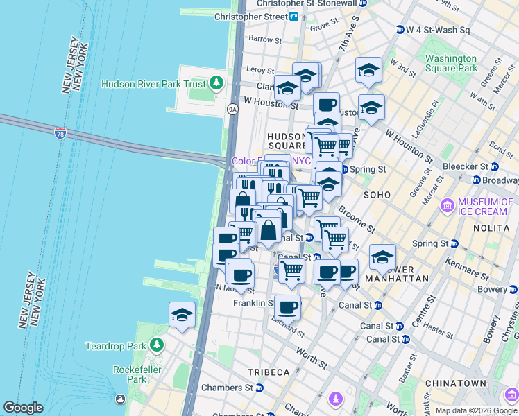 map of restaurants, bars, coffee shops, grocery stores, and more near 480 Canal Street in New York