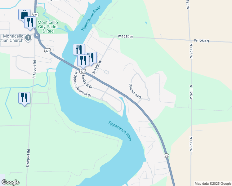 map of restaurants, bars, coffee shops, grocery stores, and more near 11700-11858 West Lookout Drive in Monticello