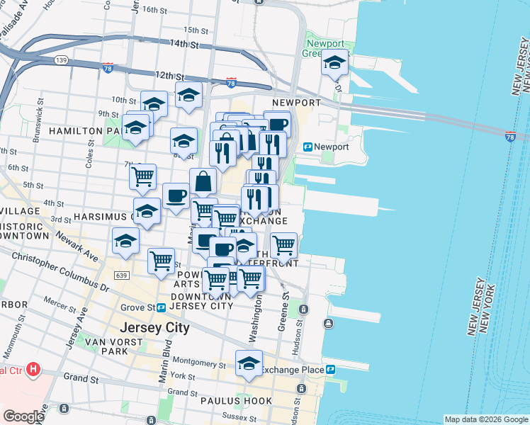 map of restaurants, bars, coffee shops, grocery stores, and more near 475 Washington Boulevard in Jersey City
