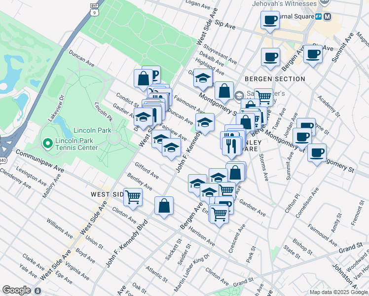 map of restaurants, bars, coffee shops, grocery stores, and more near 2530 John F. Kennedy Boulevard in Union City