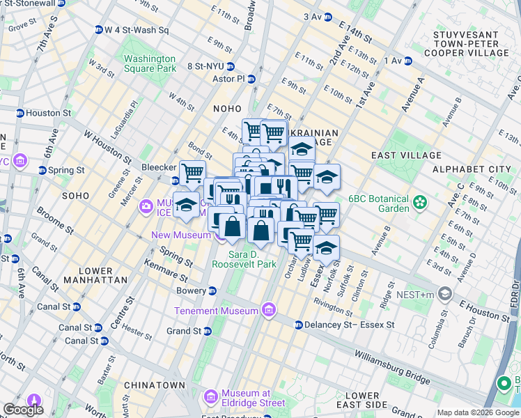 map of restaurants, bars, coffee shops, grocery stores, and more near 31 East 1st Street in New York