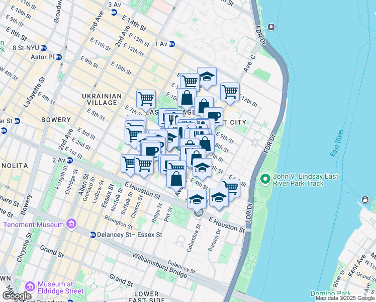 map of restaurants, bars, coffee shops, grocery stores, and more near 621 East 6th Street in New York