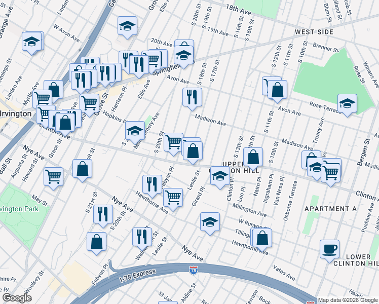 map of restaurants, bars, coffee shops, grocery stores, and more near 797-805 Clinton Avenue in Newark